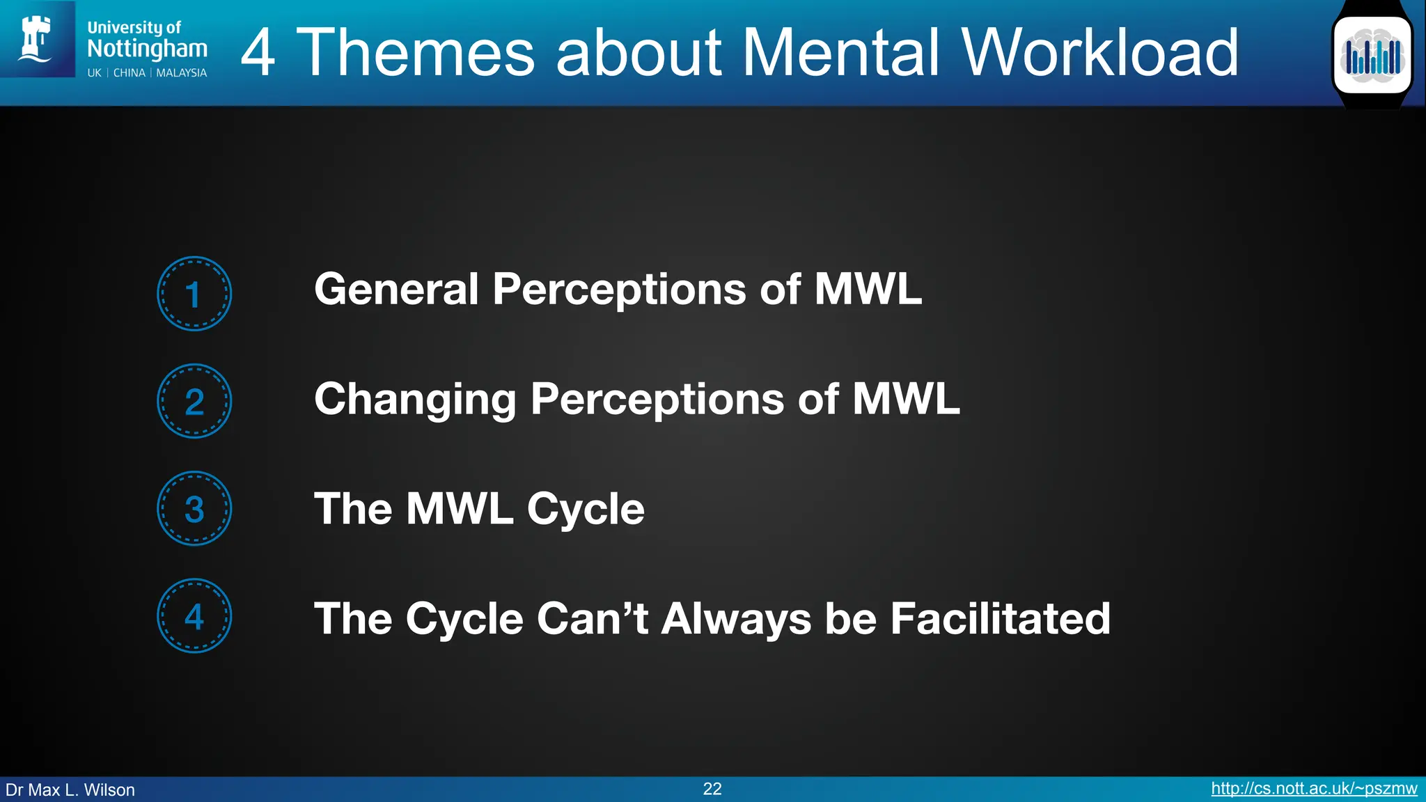 Dr Max L. Wilson http://cs.nott.ac.uk/~pszmw
4 Themes about Mental Workload
22
1 General Perceptions of MWL
Changing Perceptions of MWL
The MWL Cycle
The Cycle Can’t Always be Facilitated
2
3
4
 
