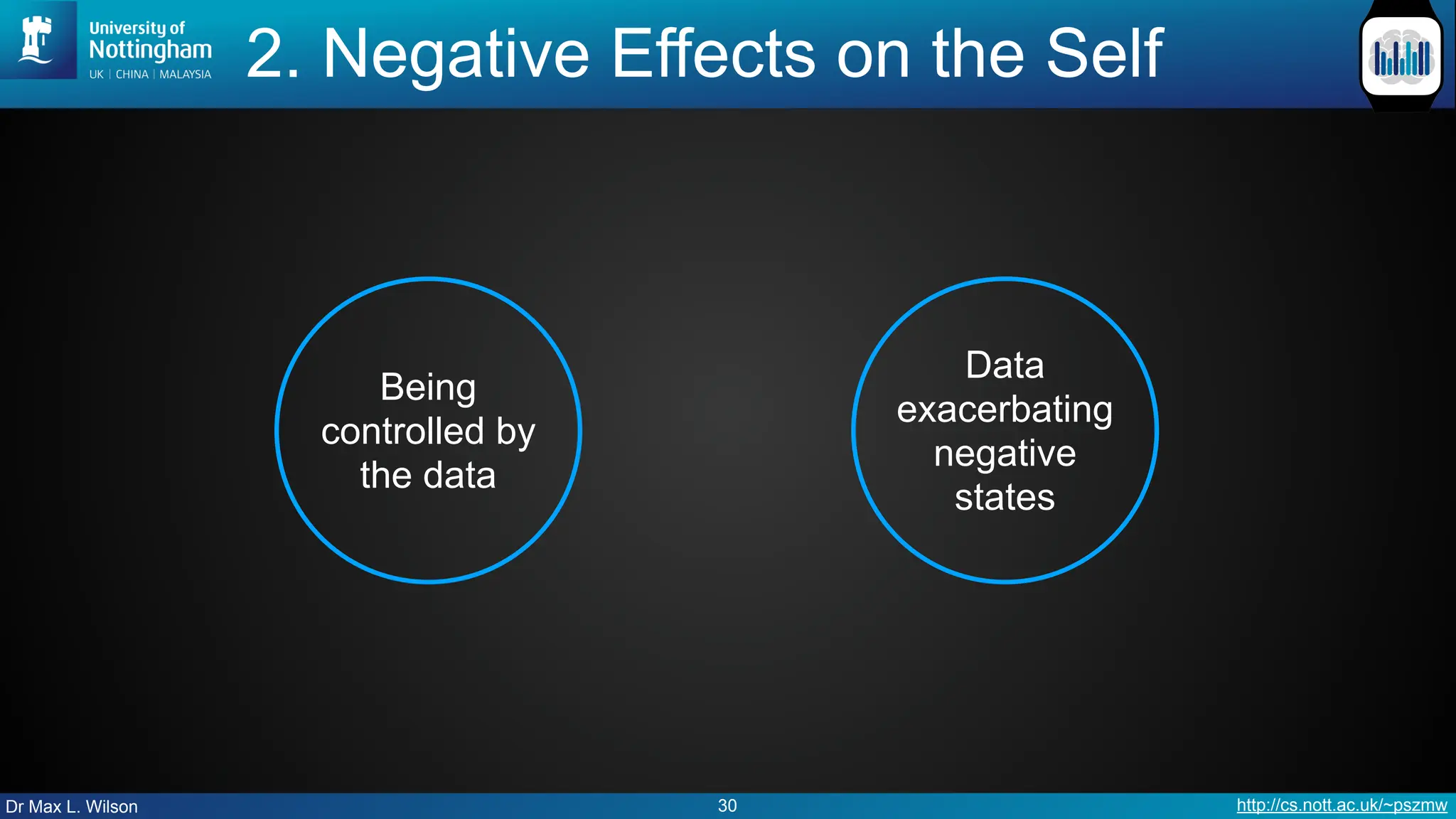 Dr Max L. Wilson http://cs.nott.ac.uk/~pszmw
2. Negative Effects on the Self
30
Being
controlled by
the data
Data
exacerbating
negative
states
 