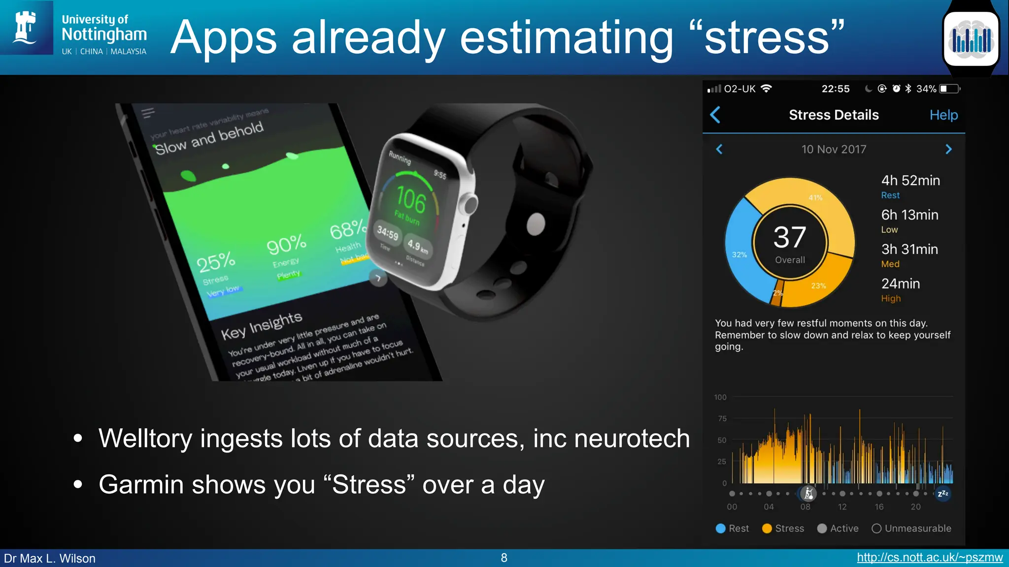 Dr Max L. Wilson http://cs.nott.ac.uk/~pszmw
Apps already estimating “stress”
• Welltory ingests lots of data sources, inc neurotech
• Garmin shows you “Stress” over a day
8
 