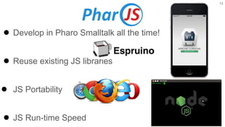 ● Develop in Pharo Smalltalk all the time!
● Reuse existing JS libraries
● JS Portability
● JS Run-time Speed
13
 
