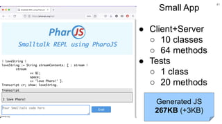 41
Small App
● Client+Server
○ 10 classes
○ 64 methods
● Tests
○ 1 class
○ 20 methods
Generated JS
267KB (+3KB)
 