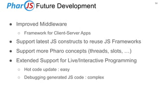 ● Improved Middleware
○ Framework for Client-Server Apps
● Support latest JS constructs to reuse JS Frameworks
● Support more Pharo concepts (threads, slots, …)
● Extended Support for Live/Interactive Programming
○ Hot code update : easy
○ Debugging generated JS code : complex
54
Future Development
 