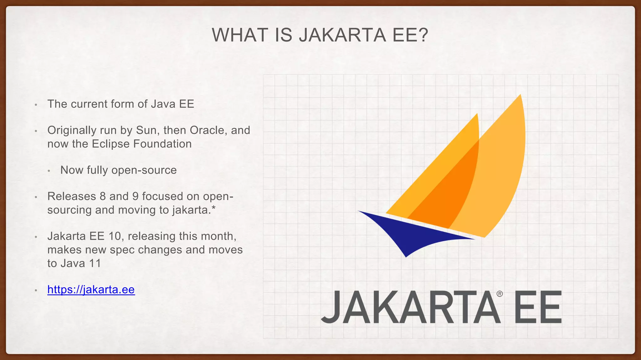 WHAT IS JAKARTA EE?
• The current form of Java EE
• Originally run by Sun, then Oracle, and
now the Eclipse Foundation
• Now fully open-source
• Releases 8 and 9 focused on open-
sourcing and moving to jakarta.*
• Jakarta EE 10, releasing this month,
makes new spec changes and moves
to Java 11
• https://jakarta.ee
 