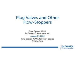 Plug Valves and Other
Flow-Stoppers
Brian Gongol, M.Ed.
DJ Gongol & Associates, Inc.
August 24, 2022
Iowa Section AWWA Fall Short Course
Ankeny, Iowa
 