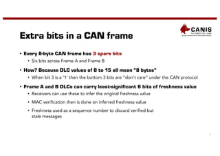 18
Extra bits in a CAN frame
• Every 8-byte CAN frame has 3 spare bits
• Six bits across Frame A and Frame B
• How? Because DLC values of 8 to 15 all mean “8 bytes”
• When bit 3 is a ‘1’ then the bottom 3 bits are ”don’t care” under the CAN protocol
• Frame A and B DLCs can carry least-significant 6 bits of freshness value
• Receivers can use these to infer the original freshness value
• MAC verification then is done on inferred freshness value
• Freshness used as a sequence number to discard verified but
stale messages
 