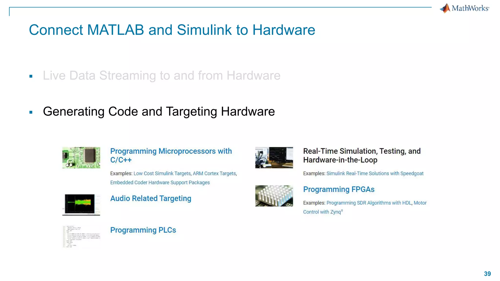 39
Connect MATLAB and Simulink to Hardware
 Live Data Streaming to and from Hardware
 Generating Code and Targeting Hardware
 