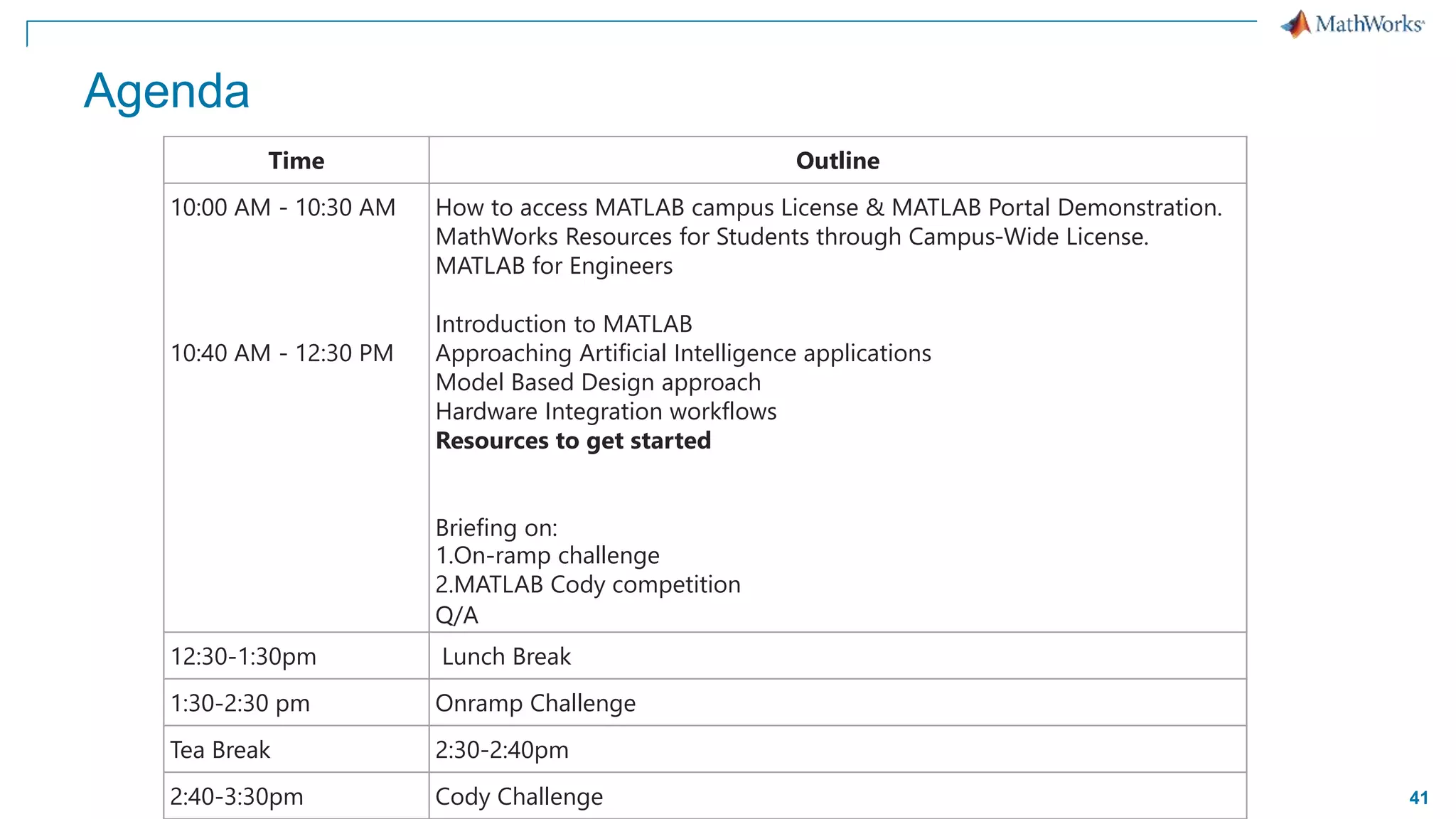 41
Agenda
Time Outline
10:00 AM - 10:30 AM
10:40 AM - 12:30 PM
How to access MATLAB campus License & MATLAB Portal Demonstration.
MathWorks Resources for Students through Campus-Wide License.
MATLAB for Engineers
Introduction to MATLAB
Approaching Artificial Intelligence applications
Model Based Design approach
Hardware Integration workflows
Resources to get started
Briefing on:
1.On-ramp challenge
2.MATLAB Cody competition
Q/A
12:30-1:30pm Lunch Break
1:30-2:30 pm Onramp Challenge
Tea Break 2:30-2:40pm
2:40-3:30pm Cody Challenge
 