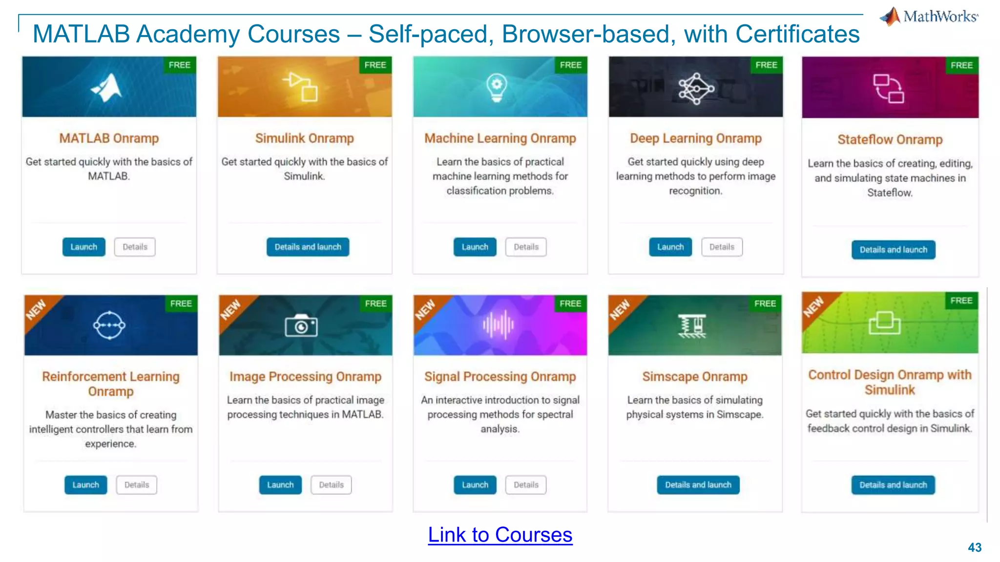 43
MATLAB Academy Courses – Self-paced, Browser-based, with Certificates
Link to Courses
 