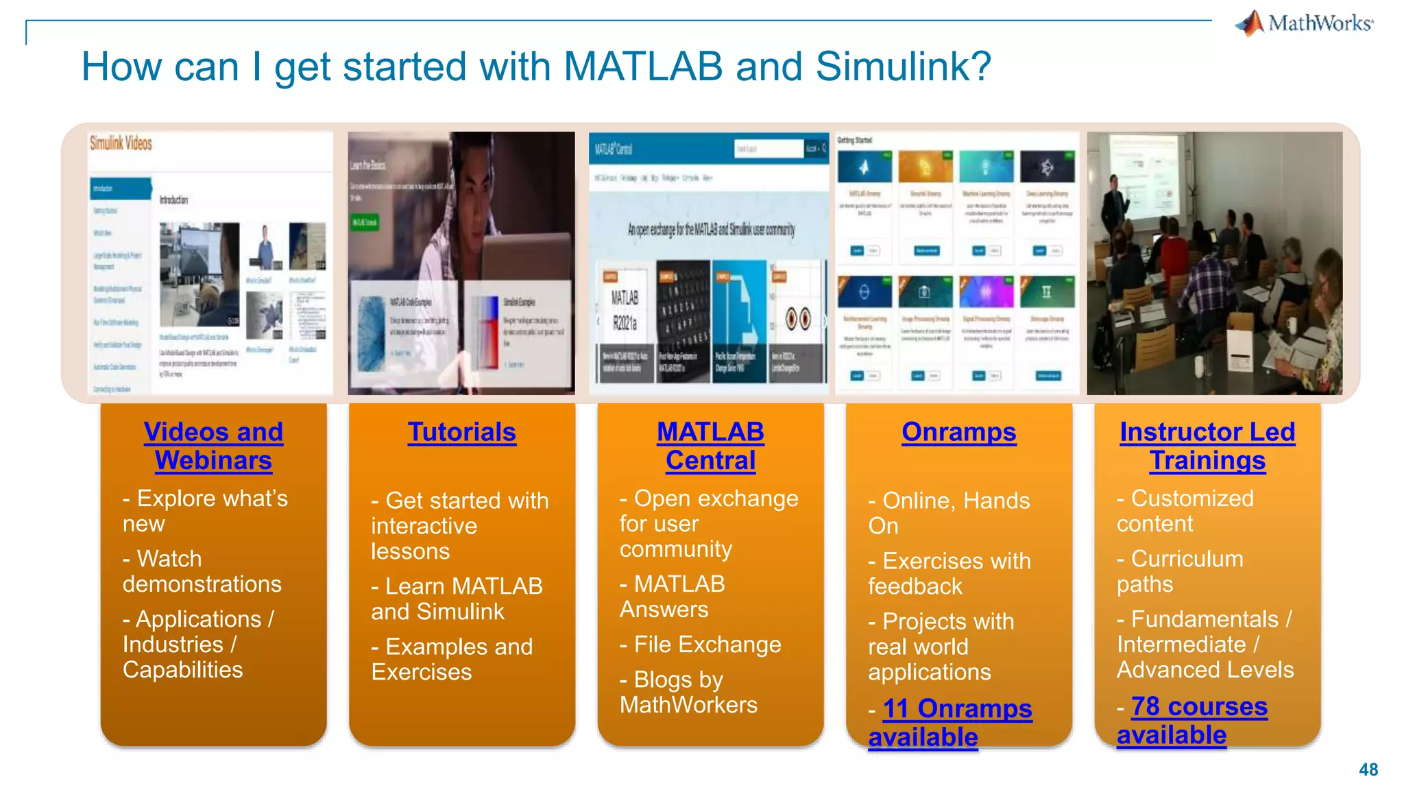 48
How can I get started with MATLAB and Simulink?
Videos and
Webinars
- Explore what’s
new
- Watch
demonstrations
- Applications /
Industries /
Capabilities
Tutorials
- Get started with
interactive
lessons
- Learn MATLAB
and Simulink
- Examples and
Exercises
MATLAB
Central
- Open exchange
for user
community
- MATLAB
Answers
- File Exchange
- Blogs by
MathWorkers
Onramps
- Online, Hands
On
- Exercises with
feedback
- Projects with
real world
applications
- 11 Onramps
available
Instructor Led
Trainings
- Customized
content
- Curriculum
paths
- Fundamentals /
Intermediate /
Advanced Levels
- 78 courses
available
 