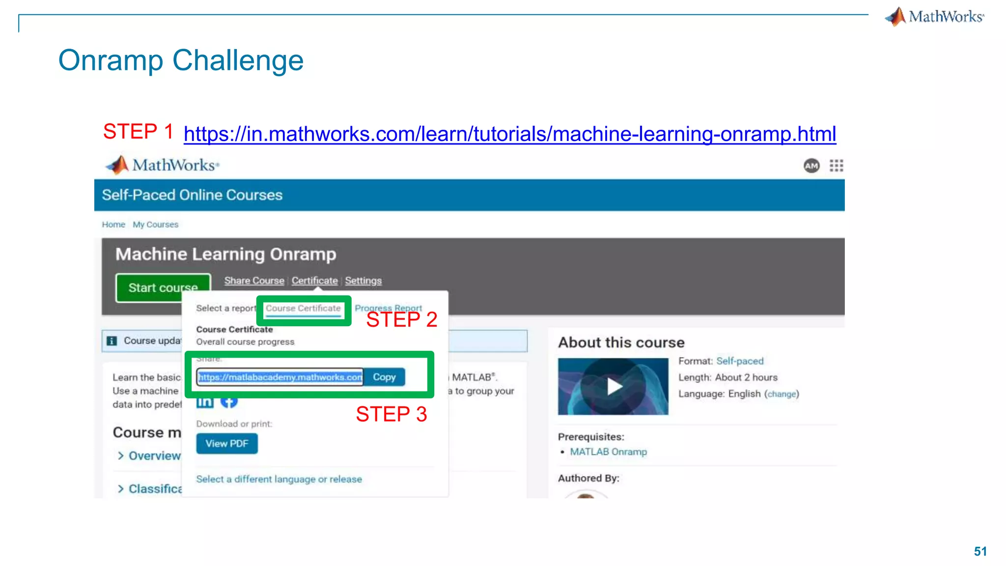 51
Onramp Challenge
https://in.mathworks.com/learn/tutorials/machine-learning-onramp.html
STEP 1
STEP 2
STEP 3
 