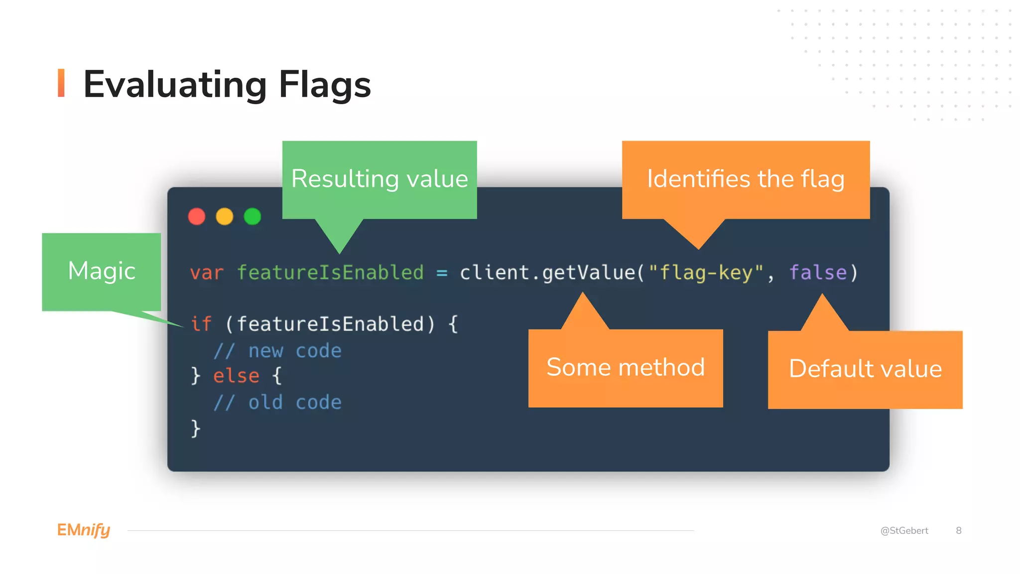 8
Evaluating Flags
@StGebert
Identifies the flag
Default value
Resulting value
Some method
Magic
 