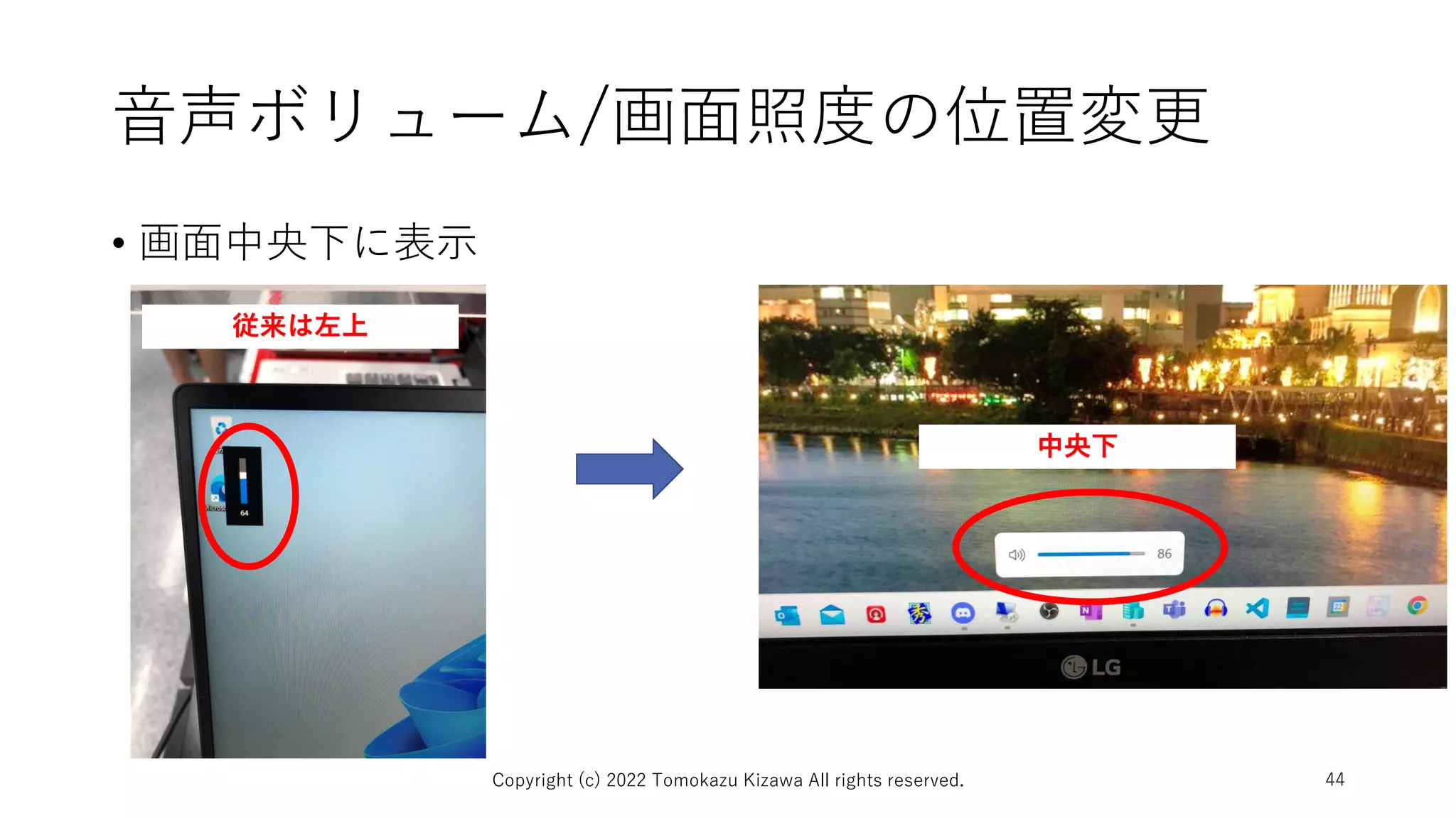 音声ボリューム/画面照度の位置変更
• 画面中央下に表示
Copyright (c) 2022 Tomokazu Kizawa All rights reserved. 44
従来は左上
中央下
 