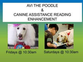 Fridays @ 10:30am Saturdays @ 10:30am
AVI THE POODLE
&
CANINE ASSISTANCE READING
ENHANCEMENT
 
