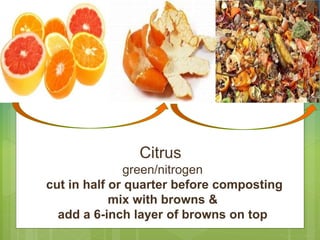 Citrus
green/nitrogen
cut in half or quarter before composting
mix with browns &
add a 6-inch layer of browns on top
 