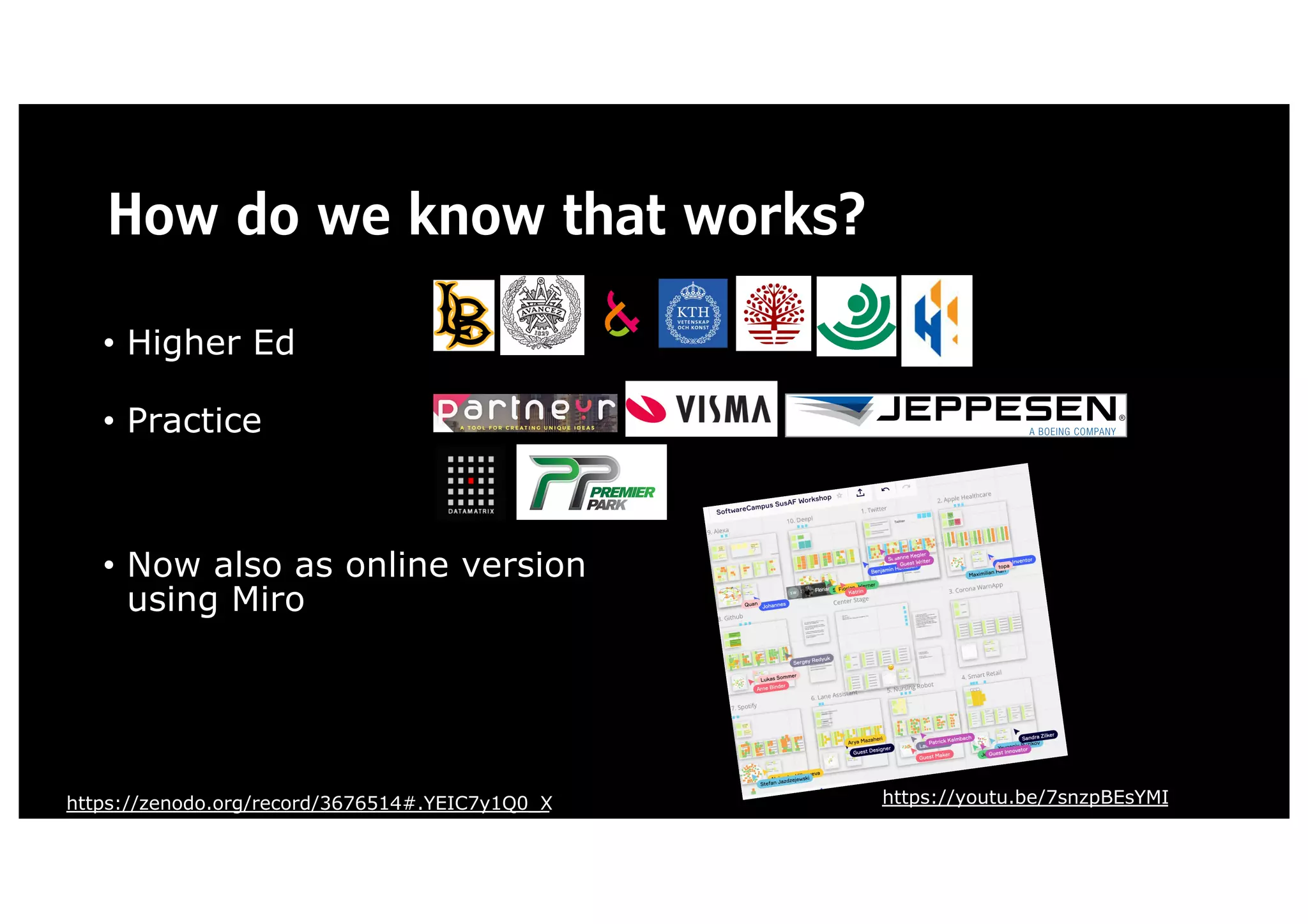 How do we know that works?
• Higher Ed
• Practice
• Now also as online version
using Miro
https://youtu.be/7snzpBEsYMI
https://zenodo.org/record/3676514#.YEIC7y1Q0_X
 
