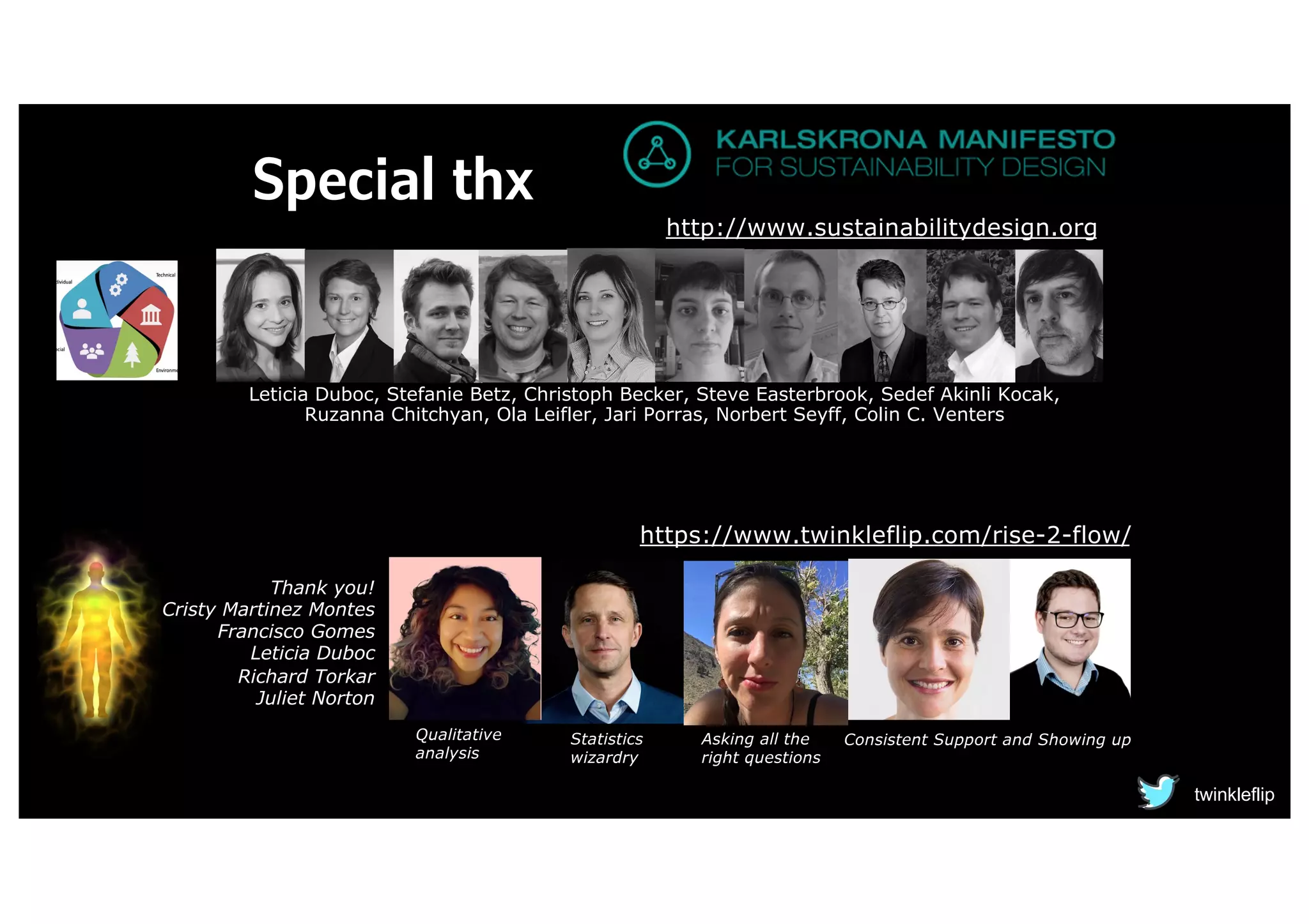 Special thx
Leticia Duboc, Stefanie Betz, Christoph Becker, Steve Easterbrook, Sedef Akinli Kocak,
Ruzanna Chitchyan, Ola Leifler, Jari Porras, Norbert Seyff, Colin C. Venters
@twinkleflip
http://www.sustainabilitydesign.org
Thank you!
Cristy Martinez Montes
Francisco Gomes
Leticia Duboc
Richard Torkar
Juliet Norton
Consistent Support and Showing up
Statistics
wizardry
Asking all the
right questions
Qualitative
analysis
https://www.twinkleflip.com/rise-2-flow/
 