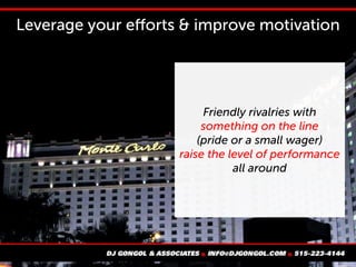 Leverage your efforts & improve motivation
Friendly rivalries with
something on the line
(pride or a small wager)
raise the level of performance
all around
 