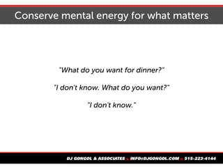 Conserve mental energy for what matters
"What do you want for dinner?"
"I don't know. What do you want?"
"I don't know."
 