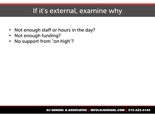 If it's external, examine why

Not enough staff or hours in the day?

Not enough funding?

No support from "on high"?
 