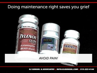 Doing maintenance right saves you grief
AVOID PAIN!
 