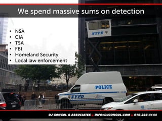 We spend massive sums on detection

NSA

CIA

TSA

FBI

Homeland Security

Local law enforcement
 