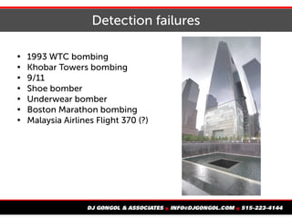 Detection failures

1993 WTC bombing

Khobar Towers bombing

9/11

Shoe bomber

Underwear bomber

Boston Marathon bombing

Malaysia Airlines Flight 370 (?)
 