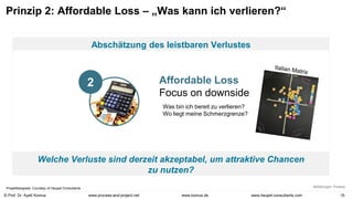 © Prof. Dr. Ayelt Komus 15
www.komus.de
www.process-and-project.net www.heupel-consultants.com
Prinzip 2: Affordable Loss – „Was kann ich verlieren?“
Abschätzung des leistbaren Verlustes
Affordable Loss
Focus on downside
Was bin ich bereit zu verlieren?
Wo liegt meine Schmerzgrenze?
Welche Verluste sind derzeit akzeptabel, um attraktive Chancen
zu nutzen?
2
Projektbeispiele: Courtesy of Heupel Consultants
 