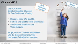 © Prof. Dr. Ayelt Komus 10
www.komus.de
www.process-and-project.net www.heupel-consultants.com
Chance VUCA
Die VUCA-Welt
bietet einzigartige Chancen
für SW-Quality und -Testing
 Bessere, echte SW-Qualität
 Frühere und gelebte echte Einbindung
 Verbesserte Akzeptanz und
Wertschätzung
Es gilt, sich auf Chancen einzulassen
und die eigenen Schwerpunkte,
das eigene Selbstbild zu erneuern.
 