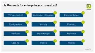 QAware | 40
Is Go ready for enterprise microservices?
Conﬁguration Security
Documentation
Interfaces Data storage Resilien...