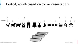Explicit, count-based vector representations
MOUSE
2 3 1 5 5 4 8
October, 2022 |
Nina Tahmasebi | KBR DH seminar
 