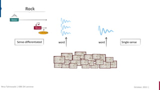 word
word Single-sense
Sense-differentiated
Stone
Music
Lifestyle
Rock
October, 2022 |
Nina Tahmasebi | KBR DH seminar
 