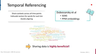 Temporal Referencing
Sharing data is highly beneficial!
Share contexts across all time points
Indivudal vectors for words for each bin
Avoids aligning
Dubossarsky et al
• SGNS
• PPMI embeddings
October, 2022 |
Nina Tahmasebi | KBR DH seminar
 
