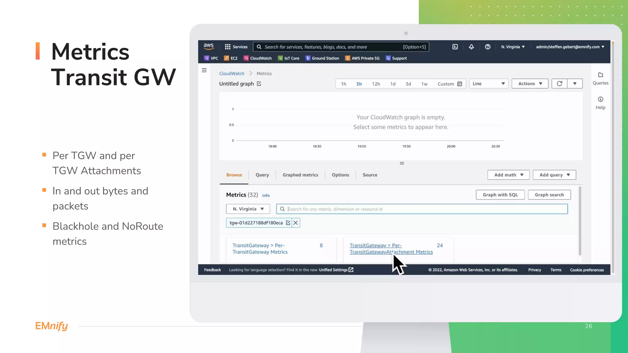 Metrics
Transit GW
§ Per TGW and per
TGW Attachments
§ In and out bytes and
packets
§ Blackhole and NoRoute
metrics
 