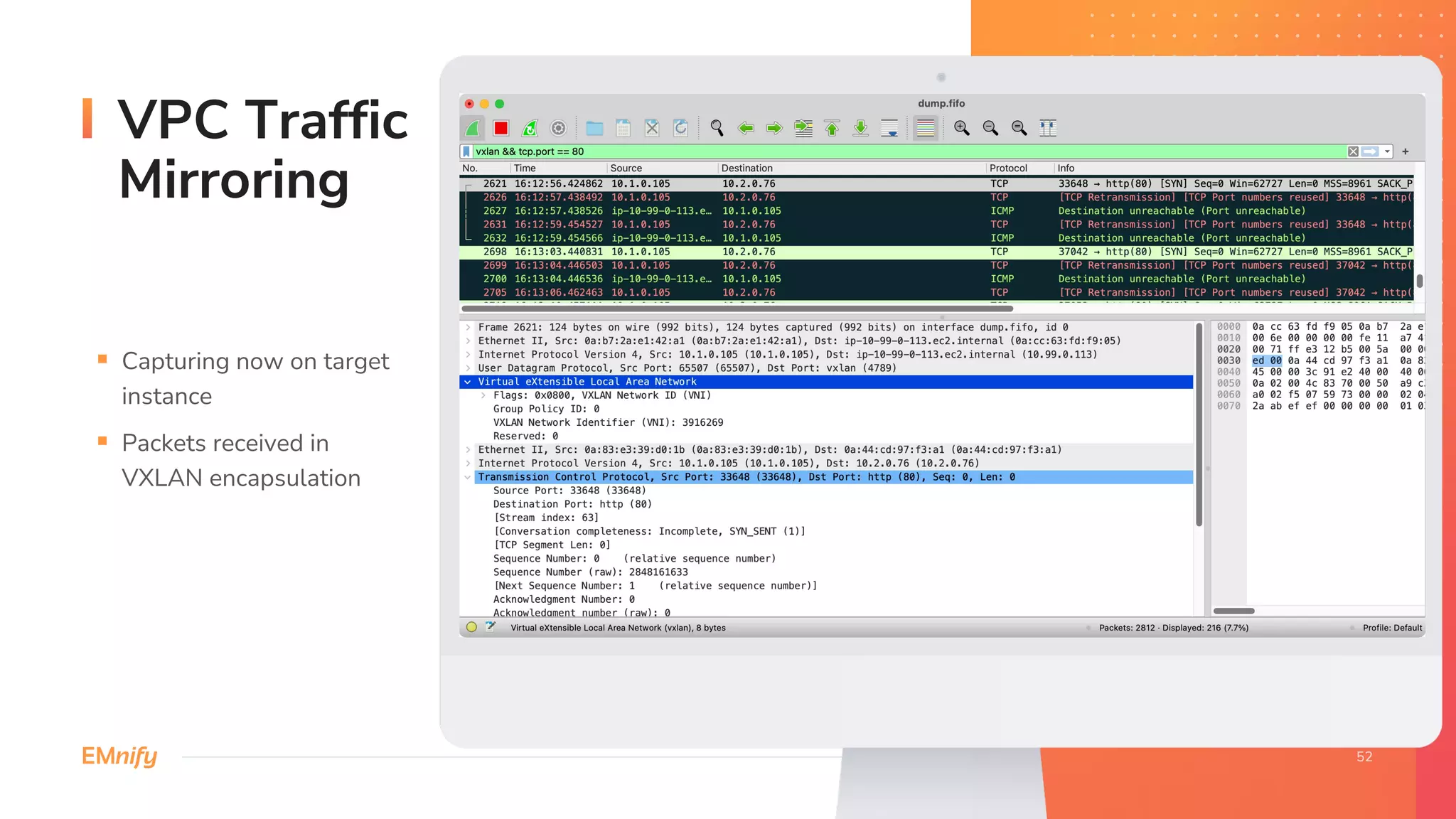 VPC Traffic
Mirroring
§ Capturing now on target
instance
§ Packets received in
VXLAN encapsulation
 