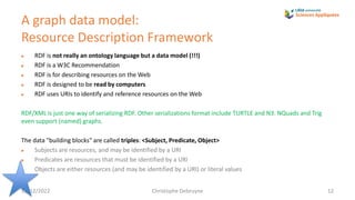 11/12/2022 Christophe Debruyne 12
▶ RDF is not really an ontology language but a data model (!!!)
▶ RDF is a W3C Recommend...