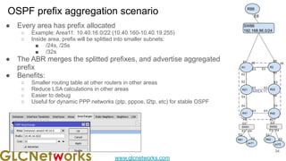 www.glcnetworks.com
OSPF prefix aggregation scenario
● Every area has prefix allocated
○ Example: Area11: 10.40.16.0/22 (10.40.160-10.40.19.255)
○ Inside area, prefix will be splitted into smaller subnets:
■ /24s, /25s
■ /32s
● The ABR merges the splitted prefixes, and advertise aggregated
prefix
● Benefits:
○ Smaller routing table at other routers in other areas
○ Reduce LSA calculations in other areas
○ Easier to debug
○ Useful for dynamic PPP networks (ptp, pppoe, l2tp, etc) for stable OSPF
34
AREA 11
R1 R2
R21 R22
R41 R42
E2
E4
E4 E4
E4
E2
E2
E2
E3
E3
E6
E5
R61 R62
E3 E3
E3 E3
E2
E2
E2
E2
SW51
E2
E2
SW52
pc71 pc72
E2
E2
E3 E4 E3 E4
E6
E5
SW86
192.168.86.0/24
R86
E6
 