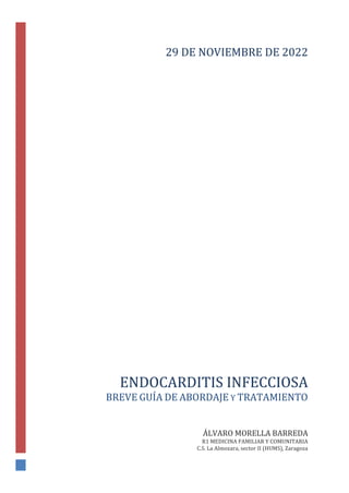 ENDOCARDITIS INFECCIOSA
BREVE GUÍA DE ABORDAJE Y TRATAMIENTO
ÁLVARO MORELLA BARREDA
R1 MEDICINA FAMILIAR Y COMUNITARIA
C.S. La Almozara, sector II (HUMS), Zaragoza
29 DE NOVIEMBRE DE 2022
 