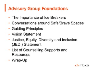 • The Importance of Ice Breakers
• Conversations around Safe/Brave Spaces
• Guiding Principles
• Vision Statement
• Justic...
