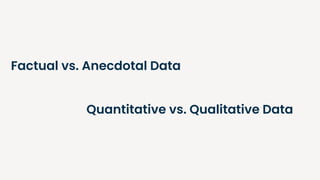 Factual vs. Anecdotal Data
Quantitative vs. Qualitative Data
 