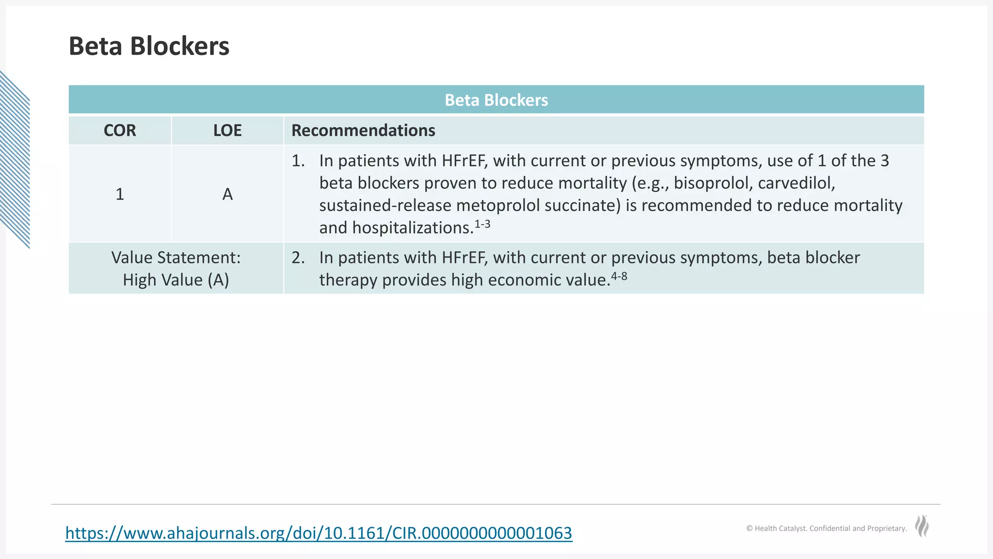 © Health Catalyst. Confidential and Proprietary.
Beta Blockers
Beta Blockers
COR LOE Recommendations
1 A
1. In patients with HFrEF, with current or previous symptoms, use of 1 of the 3
beta blockers proven to reduce mortality (e.g., bisoprolol, carvedilol,
sustained-release metoprolol succinate) is recommended to reduce mortality
and hospitalizations.1-3
Value Statement:
High Value (A)
2. In patients with HFrEF, with current or previous symptoms, beta blocker
therapy provides high economic value.4-8
https://www.ahajournals.org/doi/10.1161/CIR.0000000000001063
 