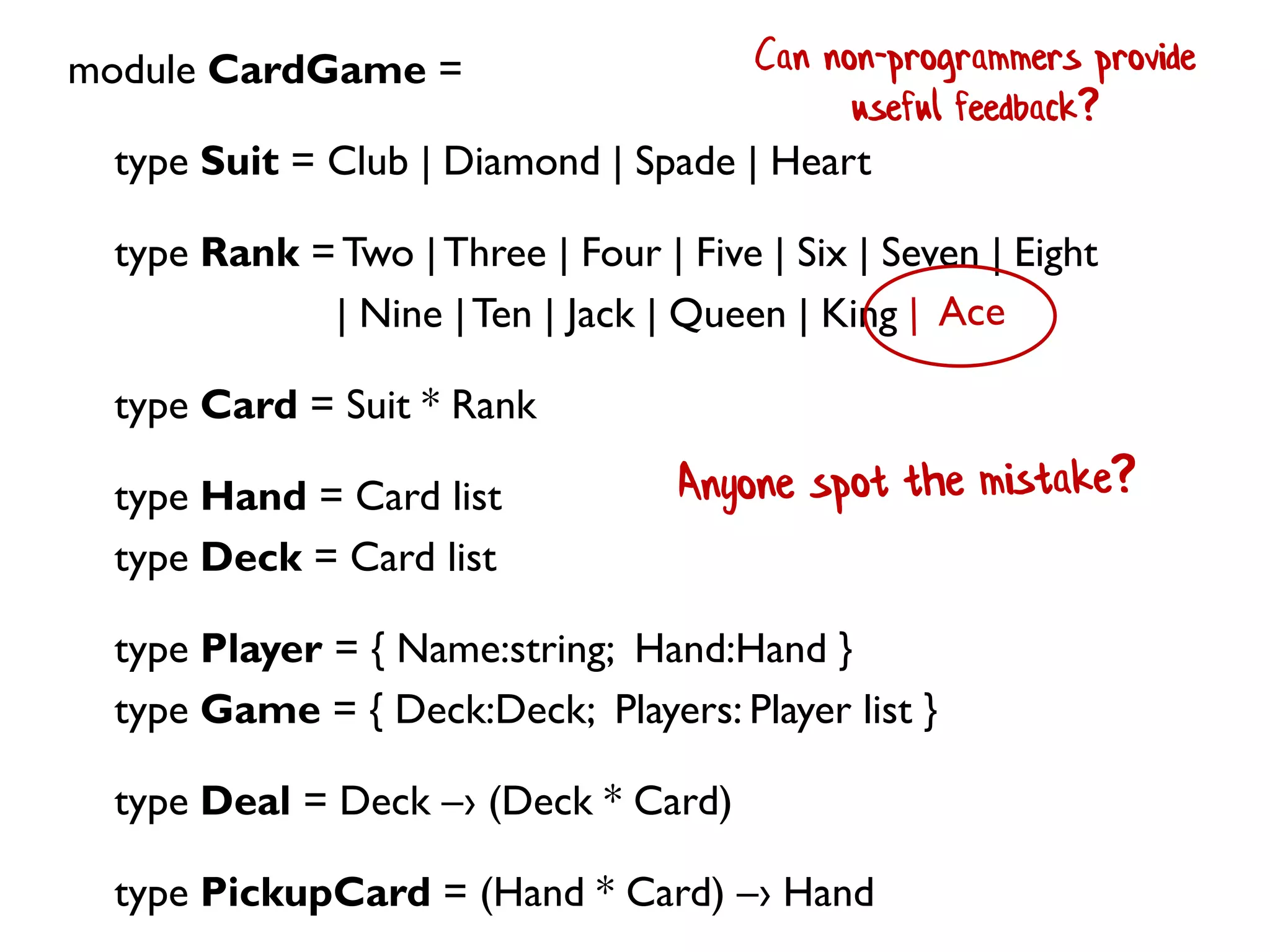 module CardGame =
type Suit = Club | Diamond | Spade | Heart
type Rank =Two |Three | Four | Five | Six | Seven | Eight
| Nine |Ten | Jack | Queen | King
type Card = Suit * Rank
type Hand = Card list
type Deck = Card list
type Player = { Name:string; Hand:Hand }
type Game = { Deck:Deck; Players: Player list }
type Deal = Deck –› (Deck * Card)
type PickupCard = (Hand * Card) –› Hand
Can non-programmers provide
useful feedback?
 
