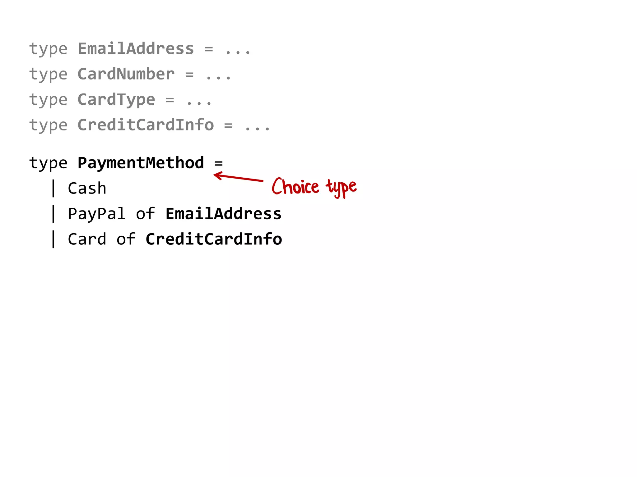 type EmailAddress = ...
type CardNumber = ...
type CardType = ...
type CreditCardInfo = ...
type PaymentMethod =
| Cash
| PayPal of EmailAddress
| Card of CreditCardInfo
 