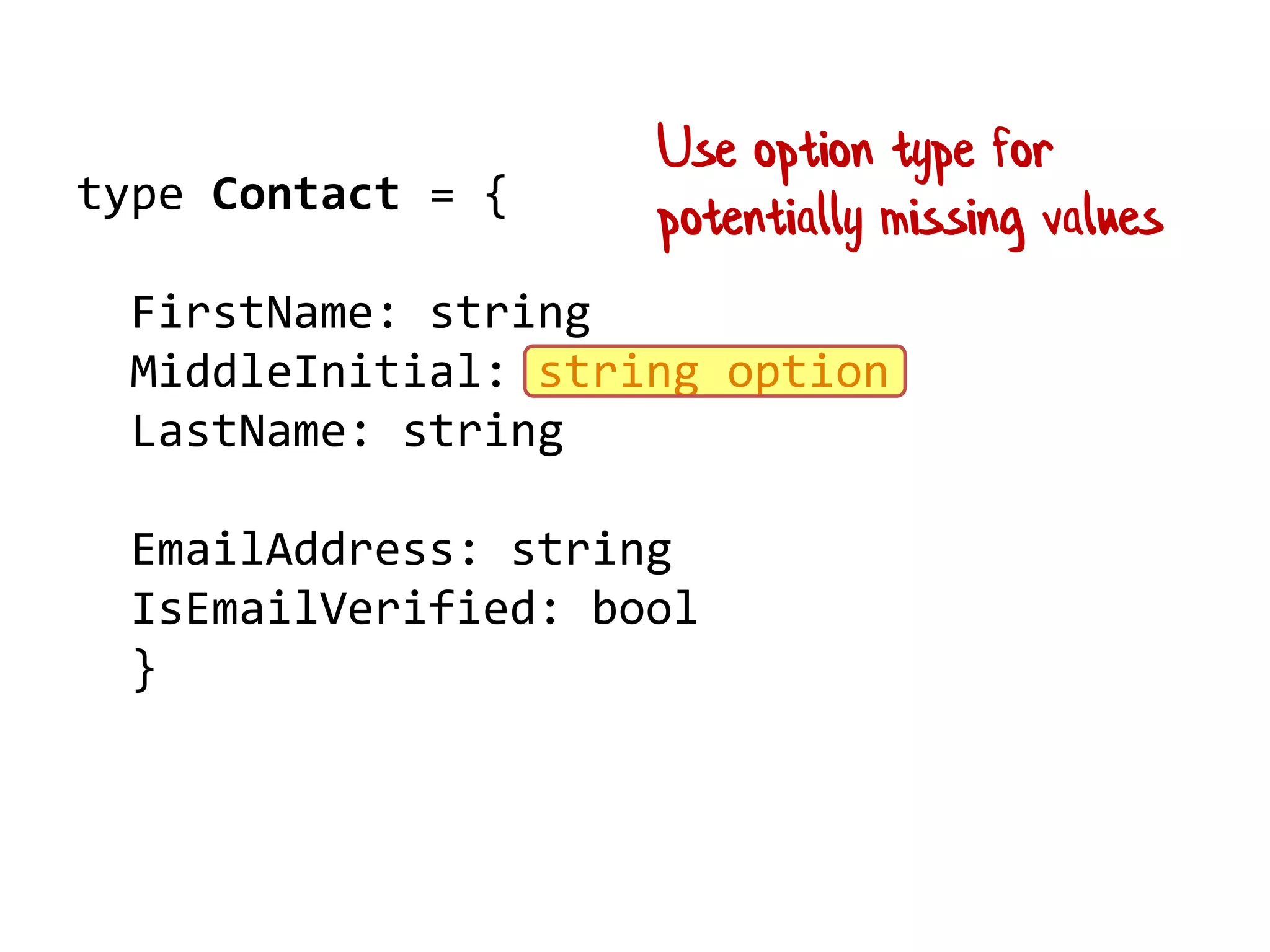 type Contact = {
FirstName: string
MiddleInitial: string option
LastName: string
EmailAddress: string
IsEmailVerified: bool
}
Use option type for
potentially missing values
 