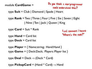 module CardGame =
type Suit = Club | Diamond | Spade | Heart
type Rank =Two |Three | Four | Five | Six | Seven | Eight
| Nine |Ten | Jack | Queen | King
type Card = Suit * Rank
type Hand = Card list
type Deck = Card list
type Player = { Name:string; Hand:Hand }
type Game = { Deck:Deck; Players: Player list }
type Deal = Deck –› (Deck * Card)
type PickupCard = (Hand * Card) –› Hand
 