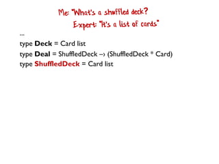...
type Deck = Card list
type Deal = ShuffledDeck –› (ShuffledDeck * Card)
type ShuffledDeck = Card list
 