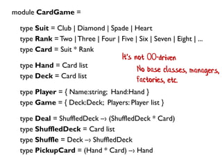 module CardGame =
type Suit = Club | Diamond | Spade | Heart
type Rank = Two |Three | Four | Five | Six | Seven | Eight | ...
type Card = Suit * Rank
type Hand = Card list
type Deck = Card list
type Player = { Name:string; Hand:Hand }
type Game = { Deck:Deck; Players: Player list }
type Deal = ShuffledDeck –› (ShuffledDeck * Card)
type ShuffledDeck = Card list
type Shuffle = Deck –› ShuffledDeck
type PickupCard = (Hand * Card) –› Hand
 