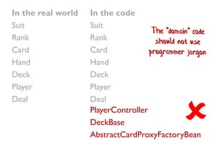 In the real world
Suit
Rank
Card
Hand
Deck
Player
Deal
In the code
Suit
Rank
Card
Hand
Deck
Player
Deal
PlayerController
DeckBase
AbstractCardProxyFactoryBean

 
