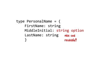 type PersonalName = {
FirstName: string
MiddleInitial: string option
LastName: string
}
 