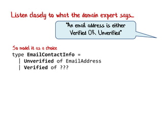 "Email contact info is either Verified OR Unverified"
type EmailContactInfo =
| Unverified of EmailAddress
| Verified of V...