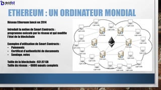 ETHEREUM : UN ORDINATEUR MONDIAL
Réseau Ethereum lancé en 2014
Introduit la notion de Smart Contracts :
programme exécuté ...